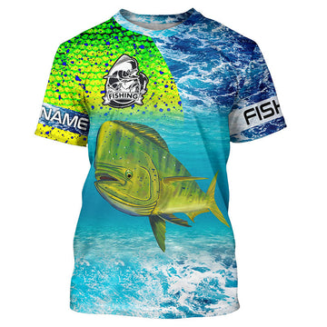 BlueJose Custom Mahi Mahi Fishing Green Scales Blue Sea Wave Camo Shirt