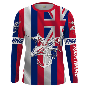 Bluejose Hi Fishing Grand Slam Custom Fishing Shirt Hawaiian Flag Marlin, Tuna, Mahi Mahi, Wahoo