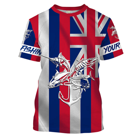 Bluejose Hi Fishing Grand Slam Custom Fishing Shirt Hawaiian Flag Marlin, Tuna, Mahi Mahi, Wahoo
