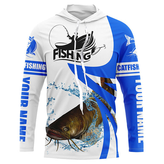 Bluejose Flathead Catfish Fishing Tournament Fishing Jersey, Personalized White Blue Catfish Long Sleeve Shirt