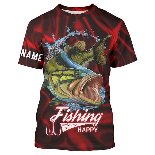 BlueJose Bass Fishing Makes Me Happy Red Lighting Customize Name Shirt