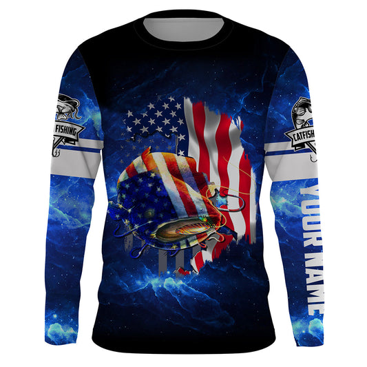 Bluejose Catfish Fishing American Flag Patriotic Galaxy Performance Fishing Shirts   Quick Dry Customize Name Long Sleeves