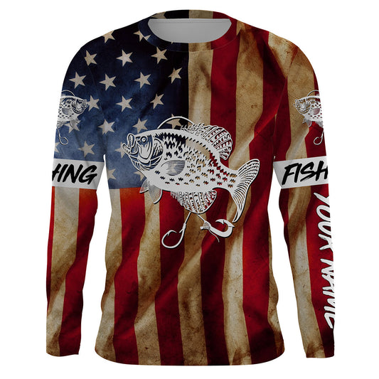 Bluejose Personalized Crappie Fishing American Flag Patriotic Performance Fishing Shirts