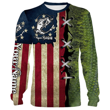 Bluejose Bass Fishing American Flag Patriotic Custome Name 3D All Over Printed Shirts, Personalized Fishing Gift