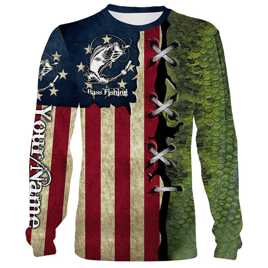 Bluejose Bass Fishing American Flag Patriotic Custome Name 3D All Over Printed Shirts, Personalized Fishing Gift