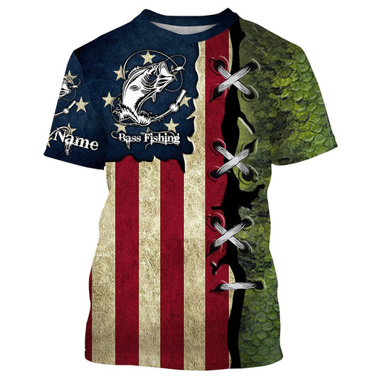 Bluejose Bass Fishing American Flag Patriotic Custome Name 3D All Over Printed Shirts, Personalized Fishing Gift