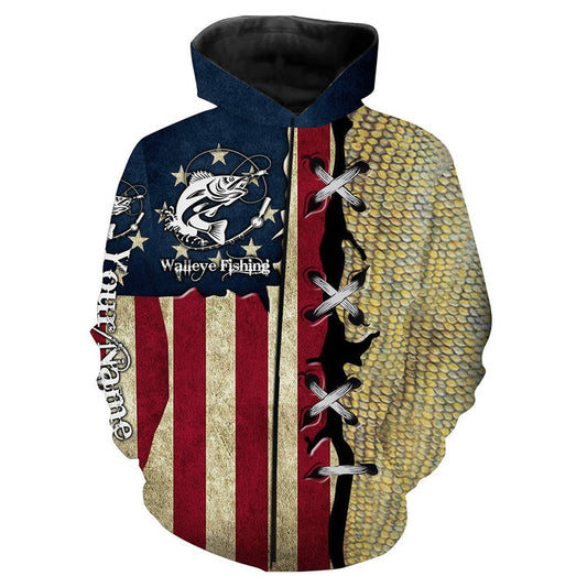 BlueJose Walleye Fishing American Flag Custome Name 3D Hoodie
