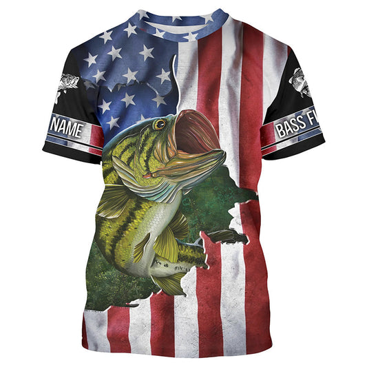 Bluejose Largemouth Bass Fishing American Flag Patriotic Fourth Of July Personalized Fishing Shirts