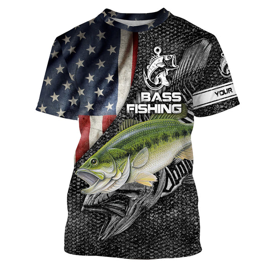 Bluejose Largemouth Bass Fishing American Flag Custom Fishing Shirts For Men Performance Long Sleeve