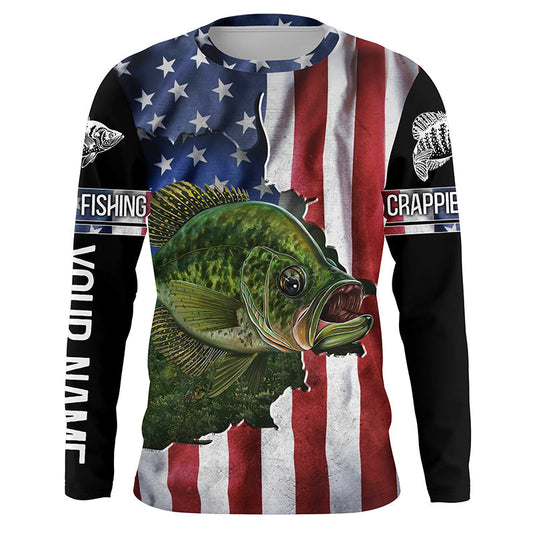 Bluejose Crappie Fishing American Flag Patriotic Fourth Of July Personalized Crappie Long Sleeve Fishing Shirts