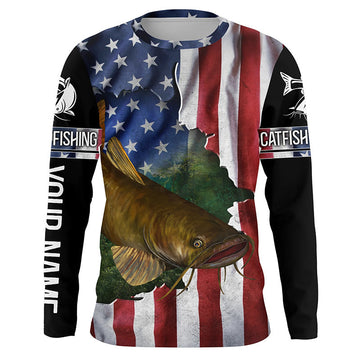 Bluejose Flathead Catfish Fishing American Flag Patriotic Personalized Catfish Long Sleeve Fishing Shirts
