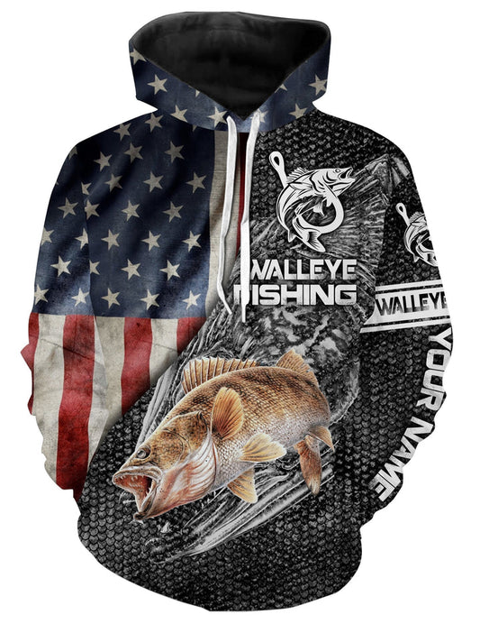 BlueJose Walleye Fishing American Flag Patriotic Custome Name 3D Hoodie