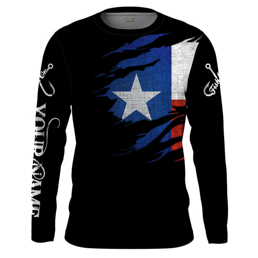 Bluejose Tx Fishing Fish On Black Texas Flag   Quick Dry Customize Name Long Sleeves Fishing Shirts