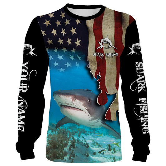 Bluejose Shark Fishing 3D American Flag Patriotic Customize Name All Over Print Shirts