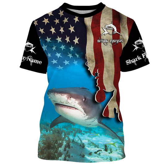 Bluejose Shark Fishing 3D American Flag Patriotic Customize Name All Over Print Shirts