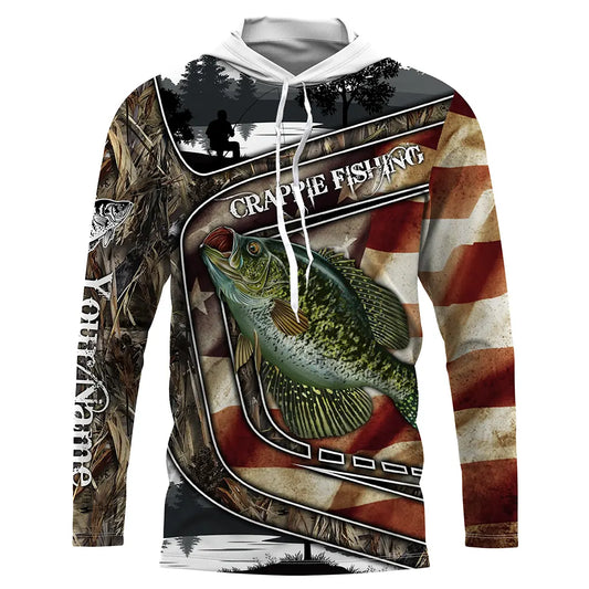 Bluejose American Flag Patriotic Crappie Fishing Jerseys, Custom Camo Crappie Fishing Long Sleeve Shirts