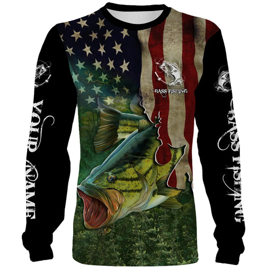 Bluejose Largemouth Bass Fishing 3D American Flag Patriotic Customize Name Fishing Shirts