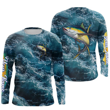 Bluejose Tuna Saltwater Fishing Custom Blue Sea Wave Fishing Tournament Shirt | Long Sleeve, Long Sleeve Hooded