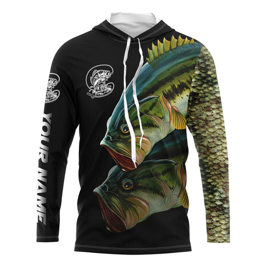 Bluejose Personalized Bass Fishing Jerseys, Custom Bass Fishing Green Scales Long Sleeve, Long Sleeve Hooded