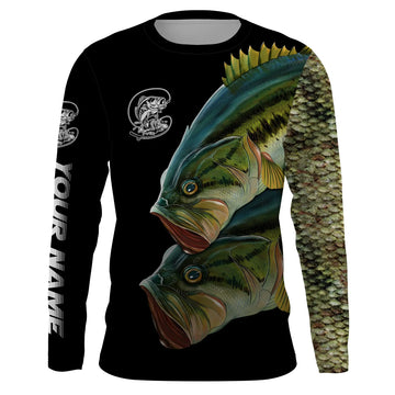 Bluejose Personalized Bass Fishing Jerseys, Custom Bass Fishing Green Scales Long Sleeve, Long Sleeve Hooded