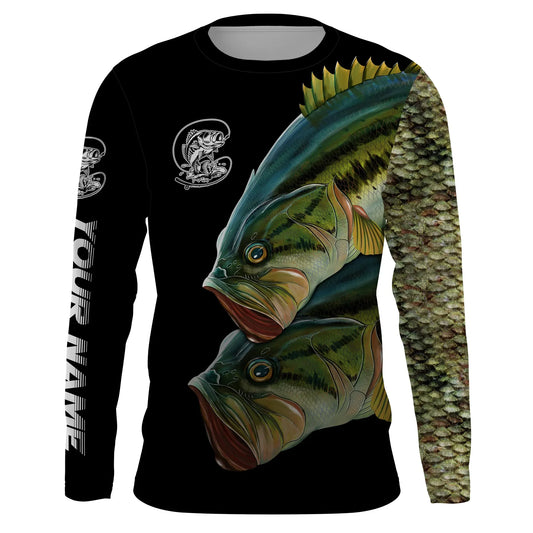 Bluejose Personalized Bass Fishing Jerseys, Custom Bass Fishing Green Scales Long Sleeve, Long Sleeve Hooded