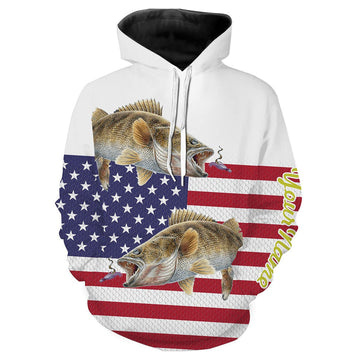 BlueJose Walleye Fishing American Flag Patriotic Customize Name 3D Hoodie