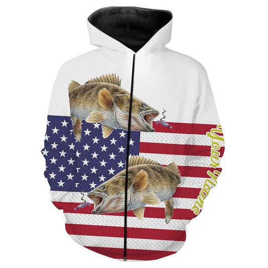 BlueJose Walleye Fishing American Flag Patriotic Customize Name 3D Hoodie