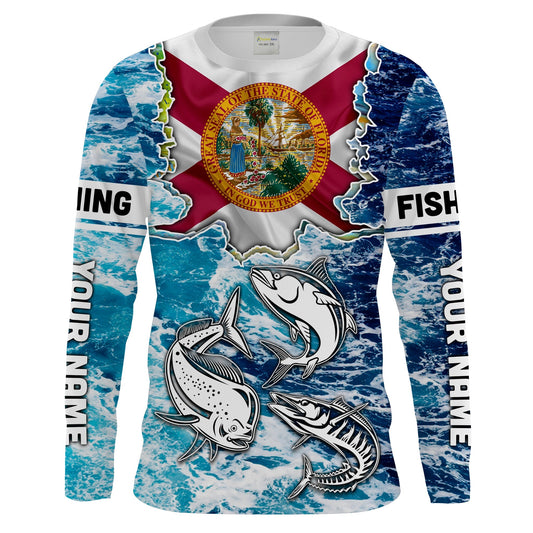 Bluejose Florida Flag Mahimahi, Wahoo, Tuna Blue Camo Performance Fishing Shirt   Customize Name Long Sleeves