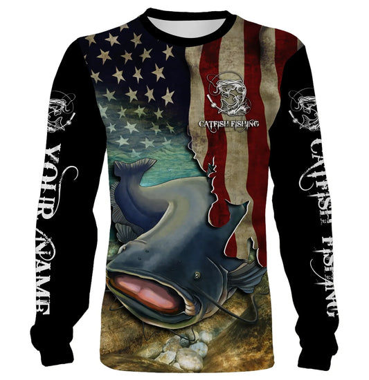 Bluejose Catfish Fishing American Flag Patriotic Custom All Over Print Shirt, Personalized Fishing Gift