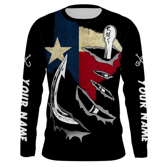 Bluejose Tx Fishing 3D Fish Hook Texas Flag Black Vintage Fish On   Quick Dry Customize Name Long Sleeves Fishing Shirts