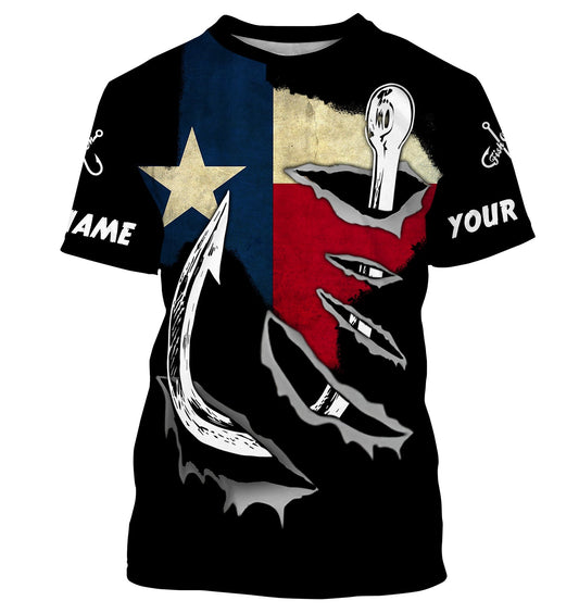Bluejose Tx Fishing 3D Fish Hook Texas Flag Black Vintage Fish On   Quick Dry Customize Name Long Sleeves Fishing Shirts
