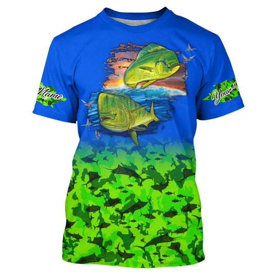 BlueJose Custom Mahi Mahi Fishing Green Camo Fishing Shirt