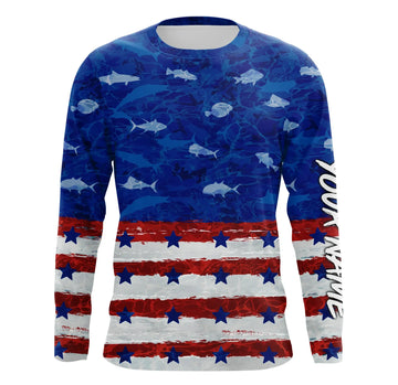 Bluejose American Flag Patriotic Saltwater Fishing Blue Camo Tournament Fishing Jerseys | Long Sleeve Shirt