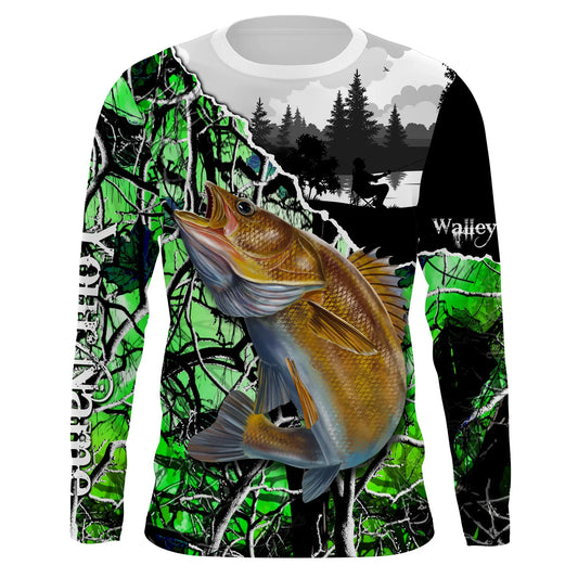 Bluejose Custom Walleye Fishing Green Camo Tournament Fishing Jerseys, Walleye
