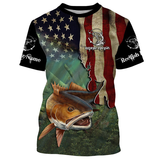 Bluejose Red Drum Fishing 3D American Flag Patriotic Customize Name All Over Print Shirts