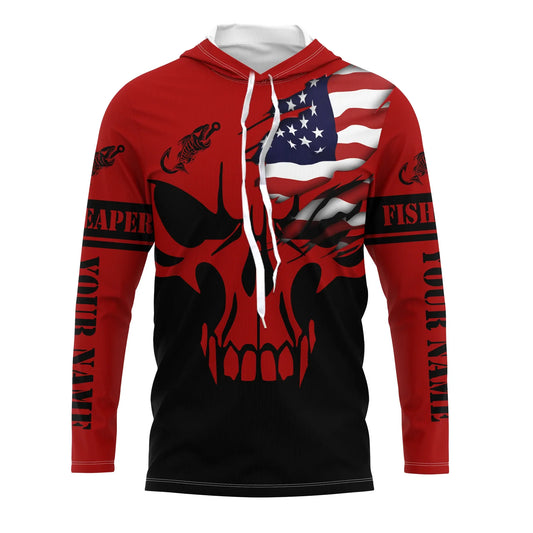 Bluejose Custom American Flag Fishing Fish Reaper Skull Red And Black Fishing Jerseys| Long Sleeve Shirts