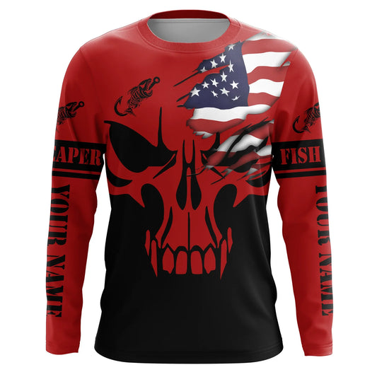 Bluejose Custom American Flag Fishing Fish Reaper Skull Red And Black Fishing Jerseys| Long Sleeve Shirts