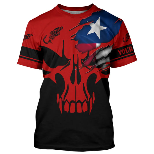 BlueJose Custom Texas Flag Fishing Fish Reaper Skull Red And Black Shirt