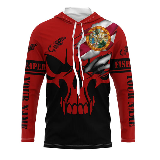 Bluejose Custom Florida Flag Fishing Fish Reaper Skull Red And Black Fishing Jersey, Fishing Long Sleeve Shirts