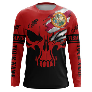 Bluejose Custom Florida Flag Fishing Fish Reaper Skull Red And Black Fishing Jersey, Fishing Long Sleeve Shirts