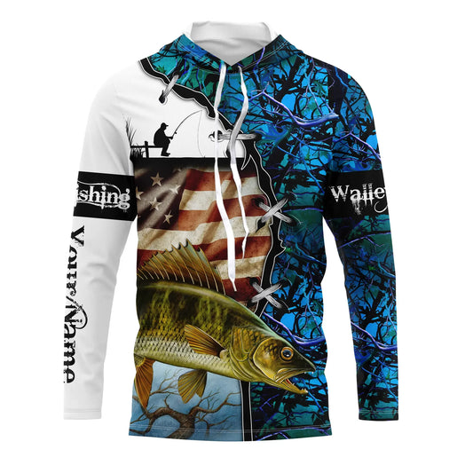 Bluejose Walleye Fishing American Flag Teal Blue Camo Custom   Long Sleeve, Long Sleeve Hooded