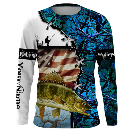 Bluejose Walleye Fishing American Flag Teal Blue Camo Custom   Long Sleeve, Long Sleeve Hooded