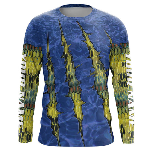 Bluejose Largemouth Bass Fishing Scales Blue Camo Long Sleeve Fishing Shirts, Personalized Bass Fishing