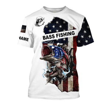 BlueJose American Flag Largemouth Bass Customize Name Fishing Shirt