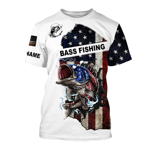 BlueJose American Flag Largemouth Bass Customize Name Fishing Shirt