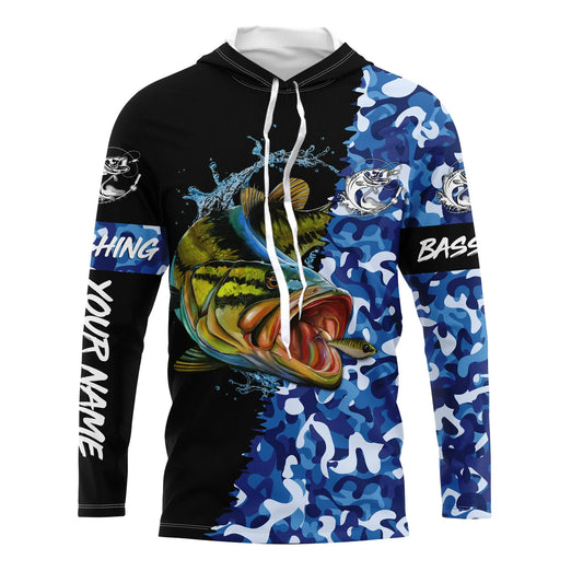 Bluejose Custom Blue Camo Largemouth Bass Fishing Jerseys, Personalized Bass Fishing Tournament Long Sleeve