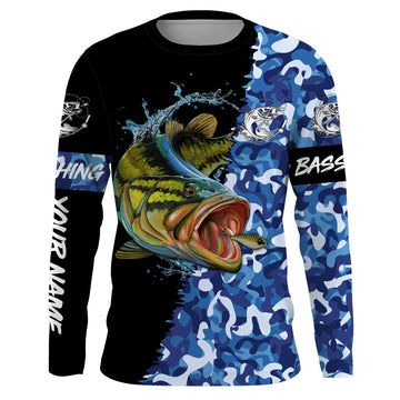 Bluejose Custom Blue Camo Largemouth Bass Fishing Jerseys, Personalized Bass Fishing Tournament Long Sleeve