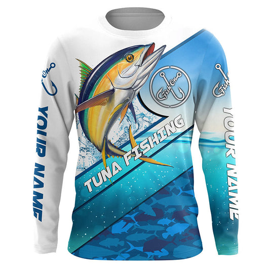 Bluejose Personalized Tuna Fishing Blue Sea Camo Fishing Long Sleeve, Custom Tuna Saltwater Fishing