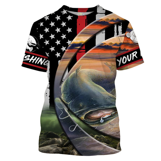 Bluejose Catfish Fishing American Flag Patriotic Fishing Customize Name    Long Sleeves Fishing Shirts