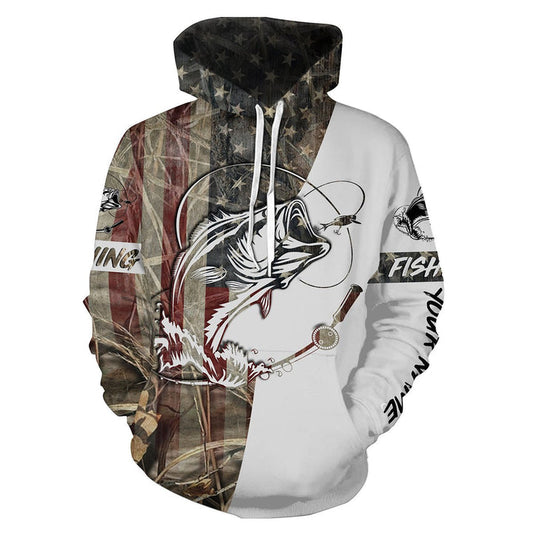 BlueJose Bass Fishing American Usa Flag Camo Custom Name 3D Hoodie